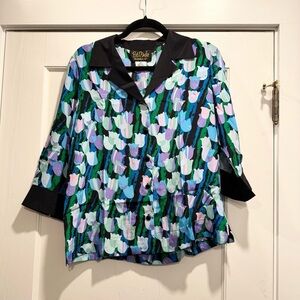 NWT Bob Mackie Wearable Art 100% Silk Button Down Blouse Tulip Print dead stock